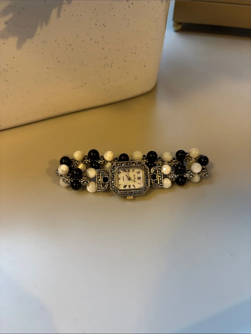 Beaded Black & White Bracelet Watch - Classic Two-Tone Women’s Accessory
